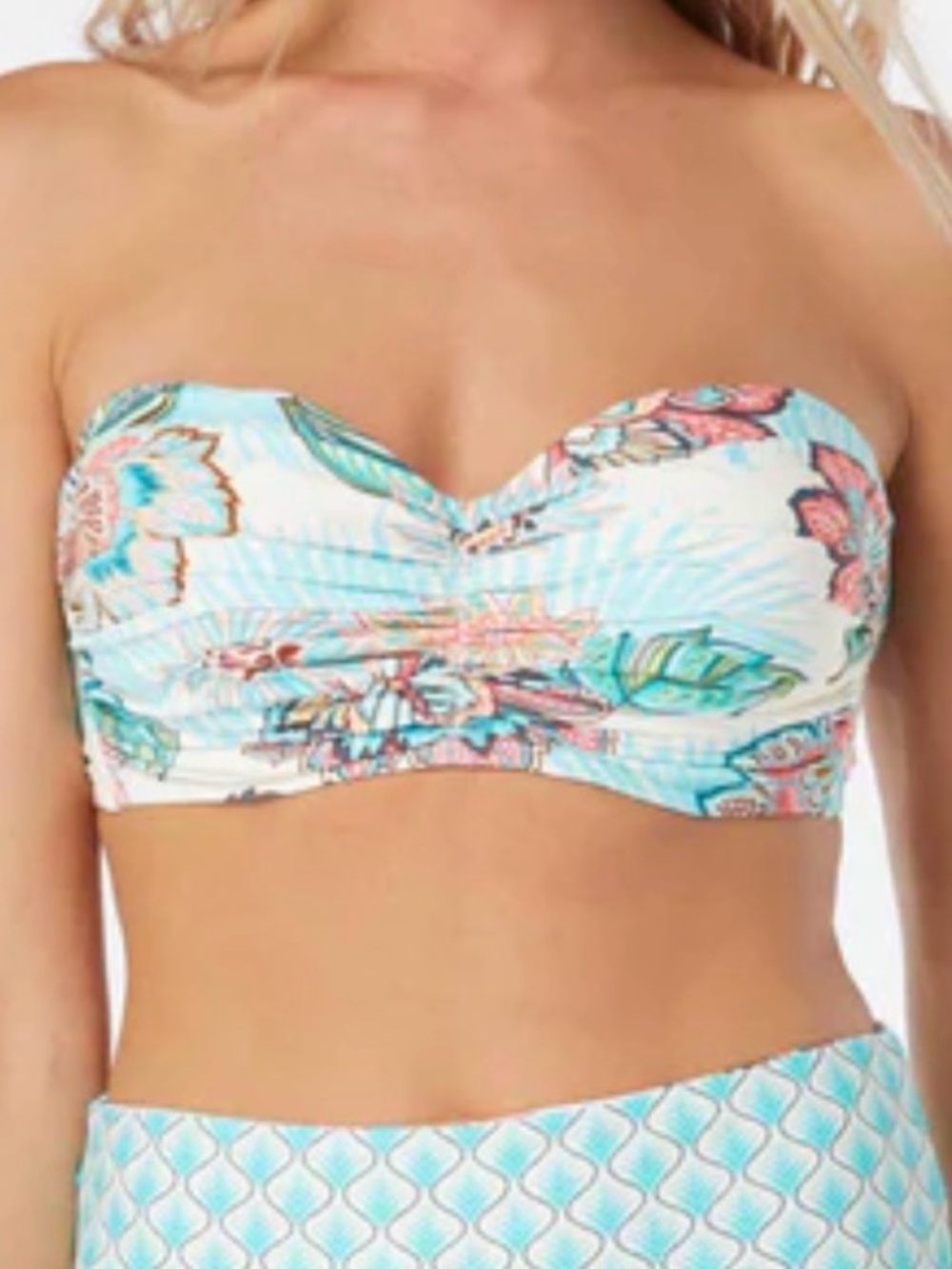 Coco Reef White Bandeau Bikini Top with Aqua Floral Print
